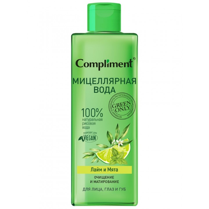 Compliment Green only Мицелл вода для лица,глаз и губ очищение, матирование Лайм Мята 400мл