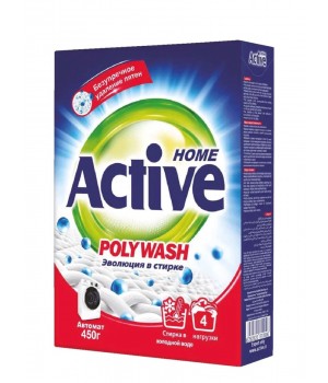 ACTIVE Стиральный порошок автомат "Poly Wash" Polymer Enzyme-технология холодной стирки, 450 гр. картонная упаковка ACTIVE Стиральный порошок автомат "Poly Wash" Polymer Enzyme-технология холодной стирки, 450 гр. картонная упаковка